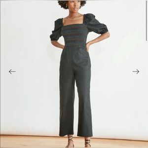 Something Navy Linen Jumpsuit Rainbow Smocked Black Women's Size XS